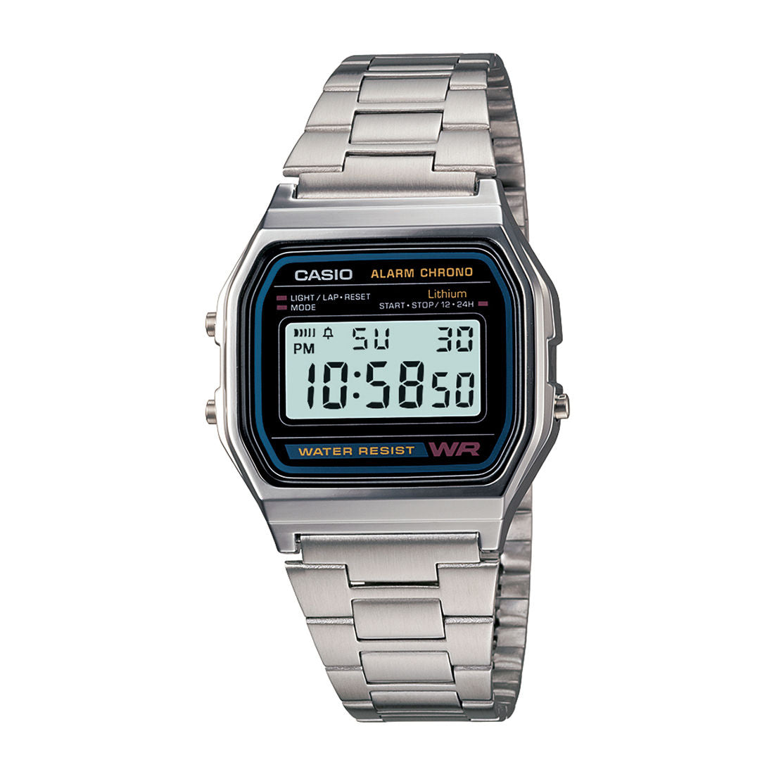 CASIO VINTAGE A158WA-1DF BLACK DIGITAL DIAL SILVER STAINLESS STEEL BAND D011