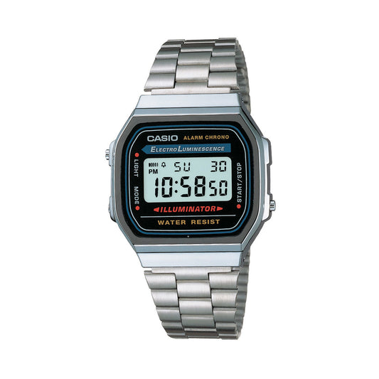 CASIO VINTAGE A168WA-1WDF BLACK DIGITAL DIAL UNISEX WATCH SILVER STAINLESS STEEL STRAP