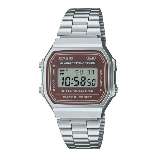 CASIO VINTAGE A168WA-5AYDF BROWN DIGITAL DIAL SILVER STAINLESS STEEL BAND D331