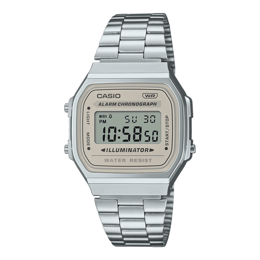 CASIO VINTAGE A168WA-8AYDF BROWN DIGITAL DIAL SILVER STAINLESS STEEL BAND D332