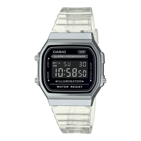 CASIO VINTAGE A168XES-1BDF BLACK DIGITAL DIAL TRANSPARENT RESIN STRAP D306