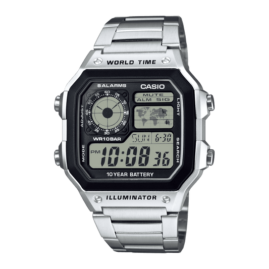 CASIO YOUTH AE-1200WHD-1AVDF BLACK DIGITAL DIAL SILVER STAINLESS STEEL BAND D099