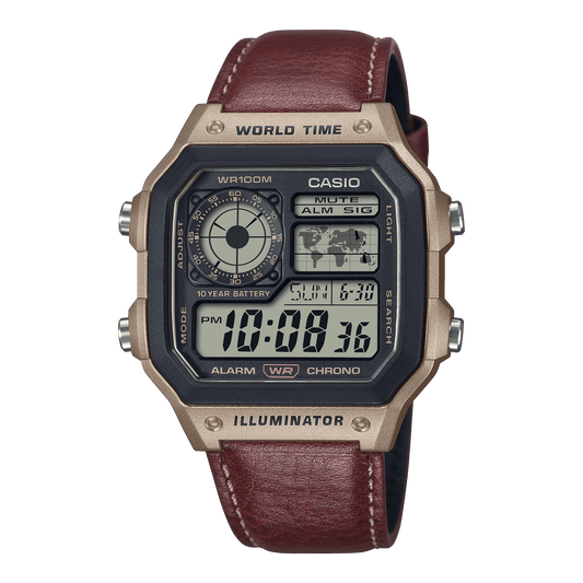 CASIO YOUTH AE-1200WHL-5AVDF BLACK DIGITAL DIAL BROWN LEATHER BAND D383