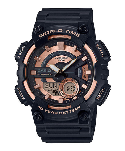 CASIO AEQ-110W-1A3VDF ROSE GOLD ANALOG-DIGITAL DIAL BLACK RESIN STRAP 10 YEAR BATTERY AD222