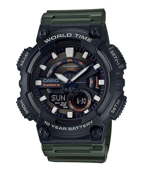 CASIO AEQ-110W-3AVDF BLACK ANALOG-DIGITAL DIAL GREEN RESIN STRAP 10 YEAR BATTERY AD223