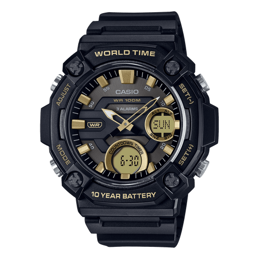 CASIO AEQ-120W-9AVDF BLACK & GOLD ANALOG-DIGITAL DIAL BLACK RESIN STRAP 10 YEAR BATTERY AD264