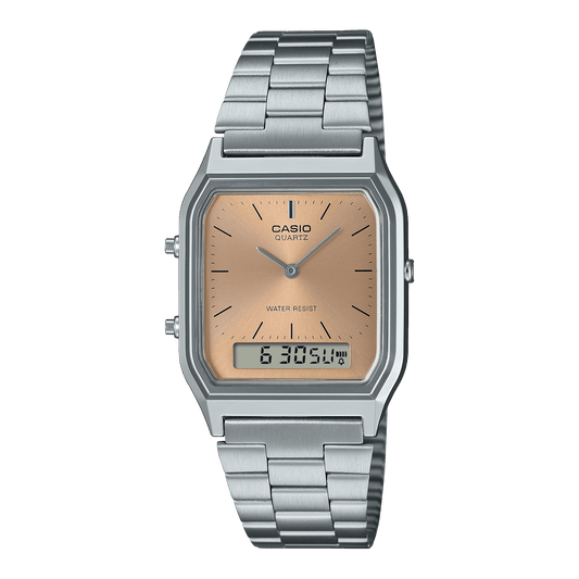 CASIO VINTAGE AQ-230A-4AMQYDF ORANGE ANALOG-DIGITAL DIAL SILVER STAINLESS STEEL BAND AD279