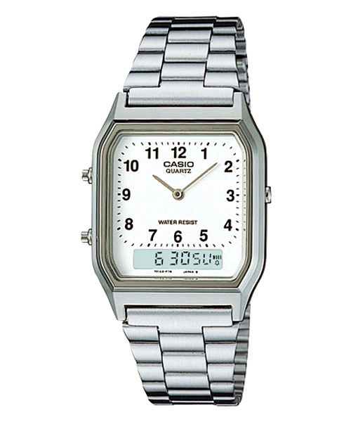 CASIO VINTAGE AQ-230A-7BHDF WHITE ANALOG-DIGITAL DIAL UNISEX WATCH SILVER STAINLESS STEEL STRAP