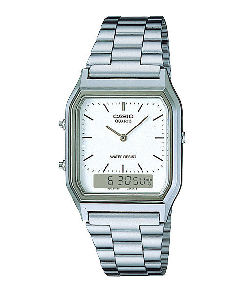 CASIO VINTAGE AQ-230A-7DHDF WHITE ANALOG-DIGITAL DIAL UNISEX WATCH SILVER STAINLESS STEEL STRAP