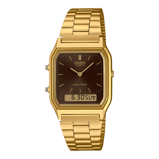 CASIO VINTAGE AQ-230GA-5AMQYDF BROWN ANALOG-DIGITAL DIAL GOLD STAINLESS STEEL BAND D369