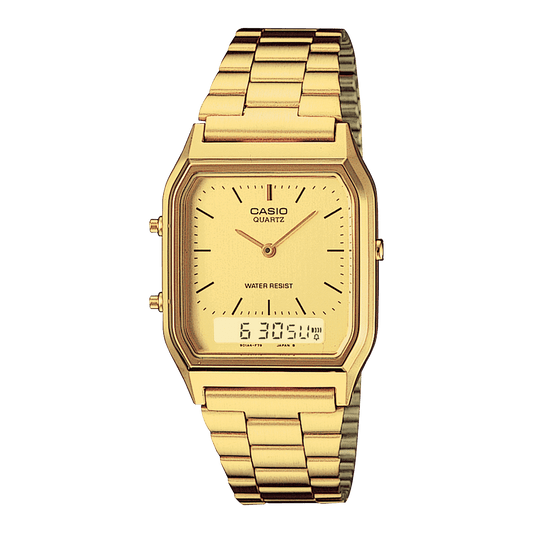 CASIO VINTAGE AQ-230GA-9DHDF GOLD ANALOG-DIGITAL DIAL UNISEX WATCH GOLD STAINLESS STEEL STRAP