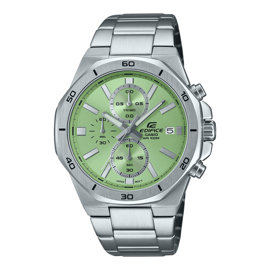 CASIO EDIFICE EFV-640D-3AVUDF GREEN ANALOG DIAL SILVER STAINLESS STEEL STRAP MEN'S WATCH 100M WATER RESISTANCE