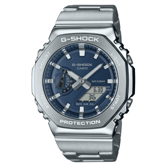 CASIO G-SHOCK GM-2110D-2BDR BLUE ANALOG-DIGITAL DIAL SILVER STAINLESS STEEL BAND G1614