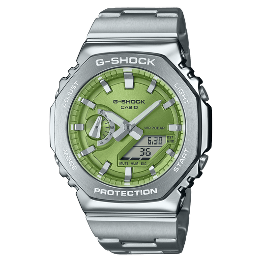 CASIO G-SHOCK GM-2110D-3ADR GREEN ANALOG-DIGITAL DIAL SILVER STAINLESS STEEL BAND G1611