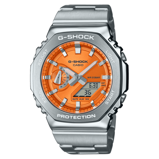 CASIO G-SHOCK GM-2110D-4ADR ORANGE ANALOG-DIGITAL DIAL SILVER STAINLESS STEEL BAND G1610