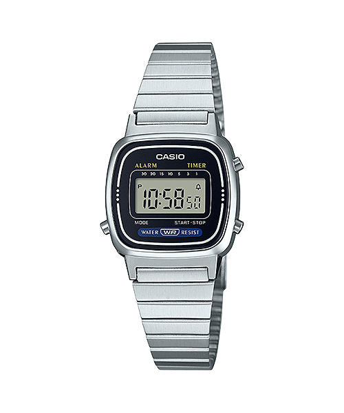 CASIO VINTAGE LA670WD-1DF BLACK DIGITAL DIAL SILVER STAINLESS STEEL BAND D123
