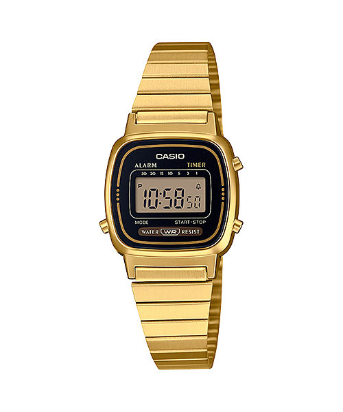 CASIO VINTAGE LA670WGA-1DF BLACK DIGITAL DIAL GOLD STAINLESS STEEL BAND D124