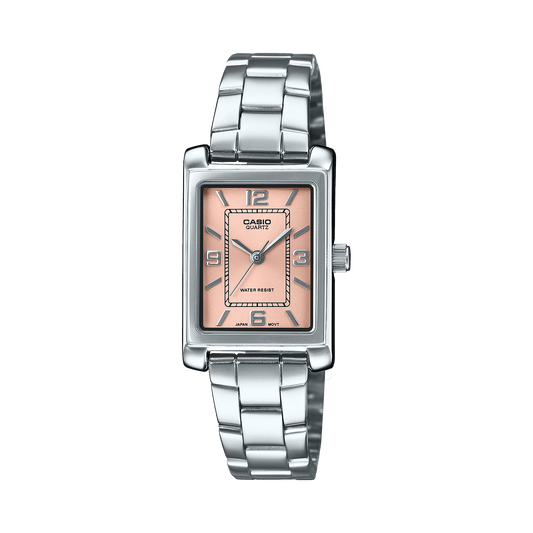 CASIO ENTICER LADIES LTP-1234DD-4ADF PEACH ANALOG DIAL SILVER STAINLESS STEEL BAND A2355