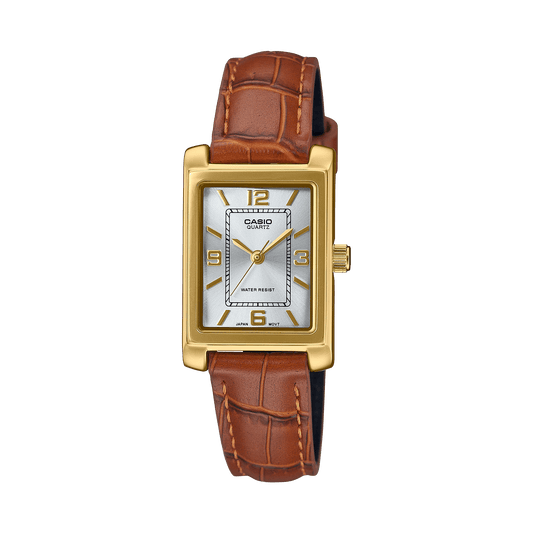 CASIO ENTICER LADIES LTP-1234GLL-7ADF WHITE ANALOG DIAL BROWN LEATHER BAND A2358