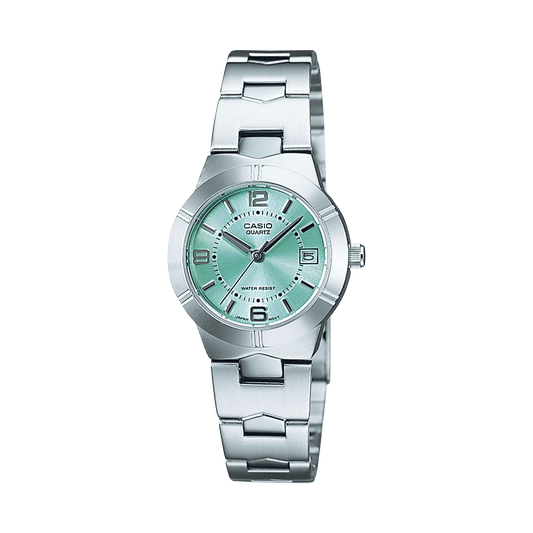 CASIO LTP-1241D-3ADF GREEN ANALOG DIAL SILVER STAINLESS STEEL BAND WOMEN'S WATCH A2274