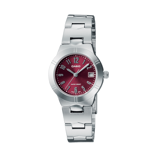 CASIO LTP-1241D-4A2DF RED ANALOG DIAL SILVER STAINLESS STEEL BAND WOMEN'S WATCH A2275
