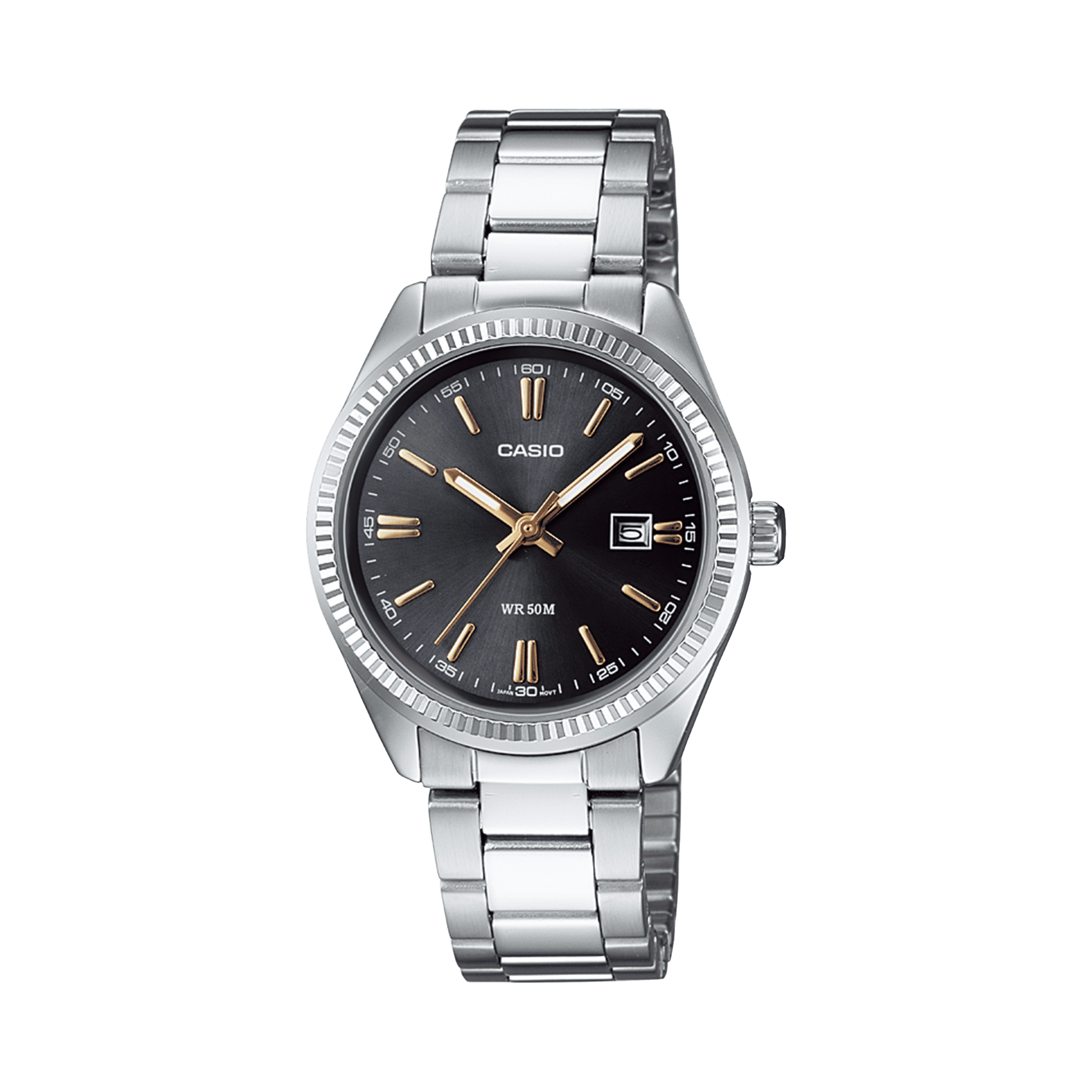 CASIO ENTICER LADIES LTP-1302D-1A2VDF BLACK ANALOG DIAL SILVER STAINLESS STEEL BAND A474