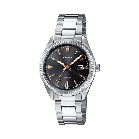 CASIO ENTICER LADIES LTP-1302D-1A2VDF BLACK ANALOG DIAL SILVER STAINLESS STEEL BAND A474