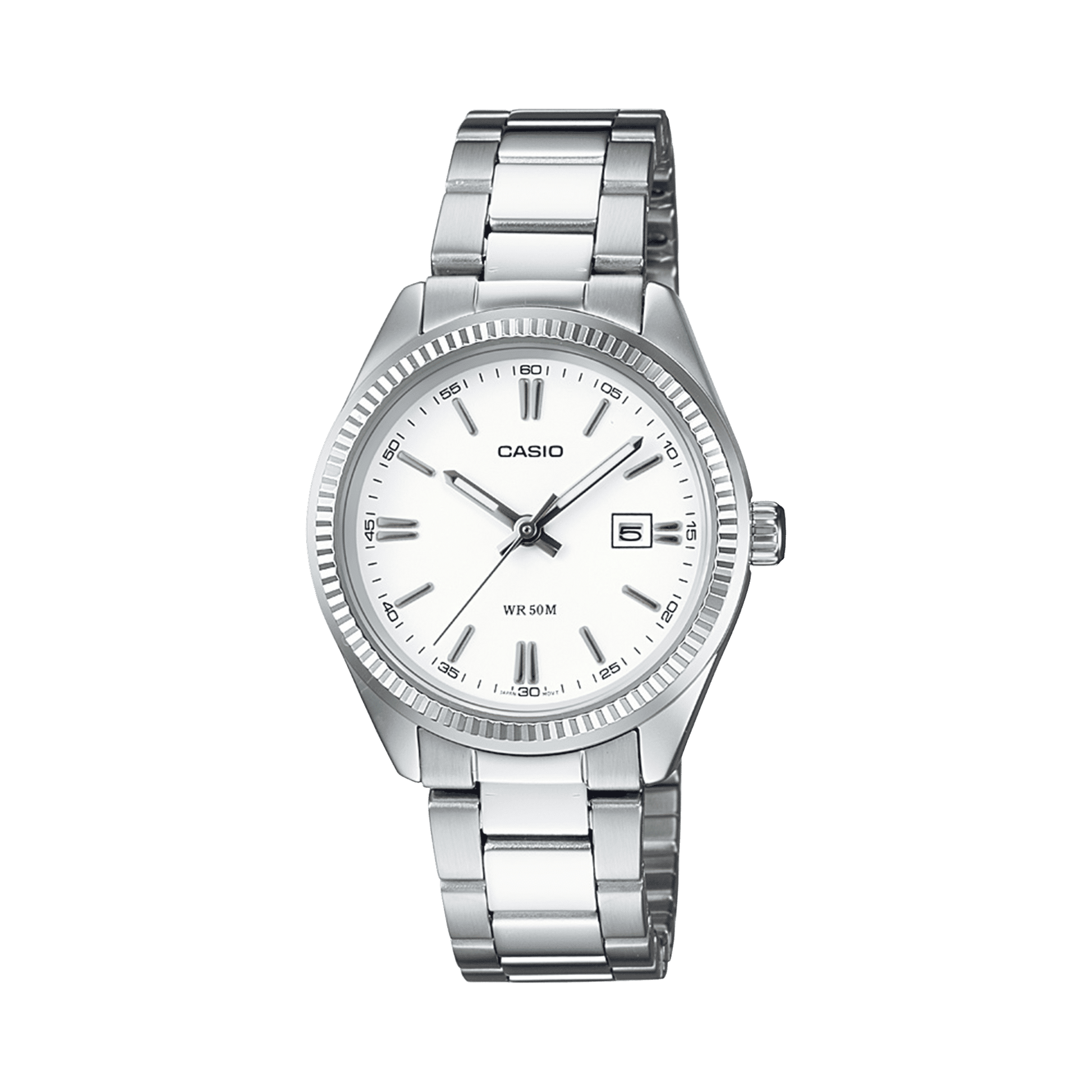 CASIO ENTICER LADIES LTP-1302D-7A1VDF WHITE ANALOG DIAL SILVER STAINLESS STEEL BAND A758