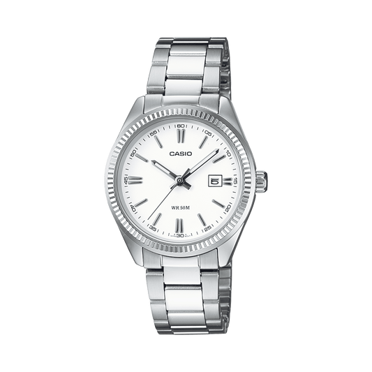 CASIO ENTICER LADIES LTP-1302D-7A1VDF WHITE ANALOG DIAL SILVER STAINLESS STEEL BAND A758