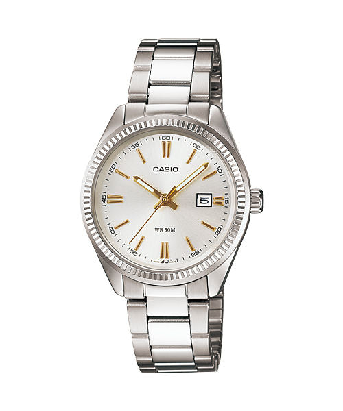 CASIO ENTICER LADIES LTP-1302D-7A2VDF WHITE ANALOG DIAL SILVER STAINLESS STEEL BAND A475