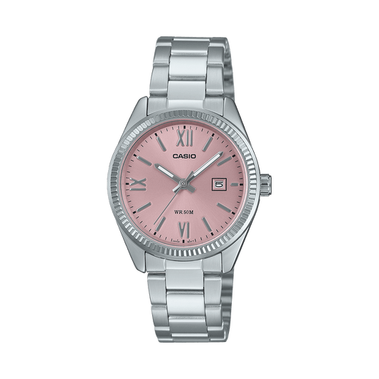 CASIO ENTICER LADIES LTP-1302DD-4A1VDF PINK ANALOG DIAL SILVER STAINLESS STEEL BAND A2360