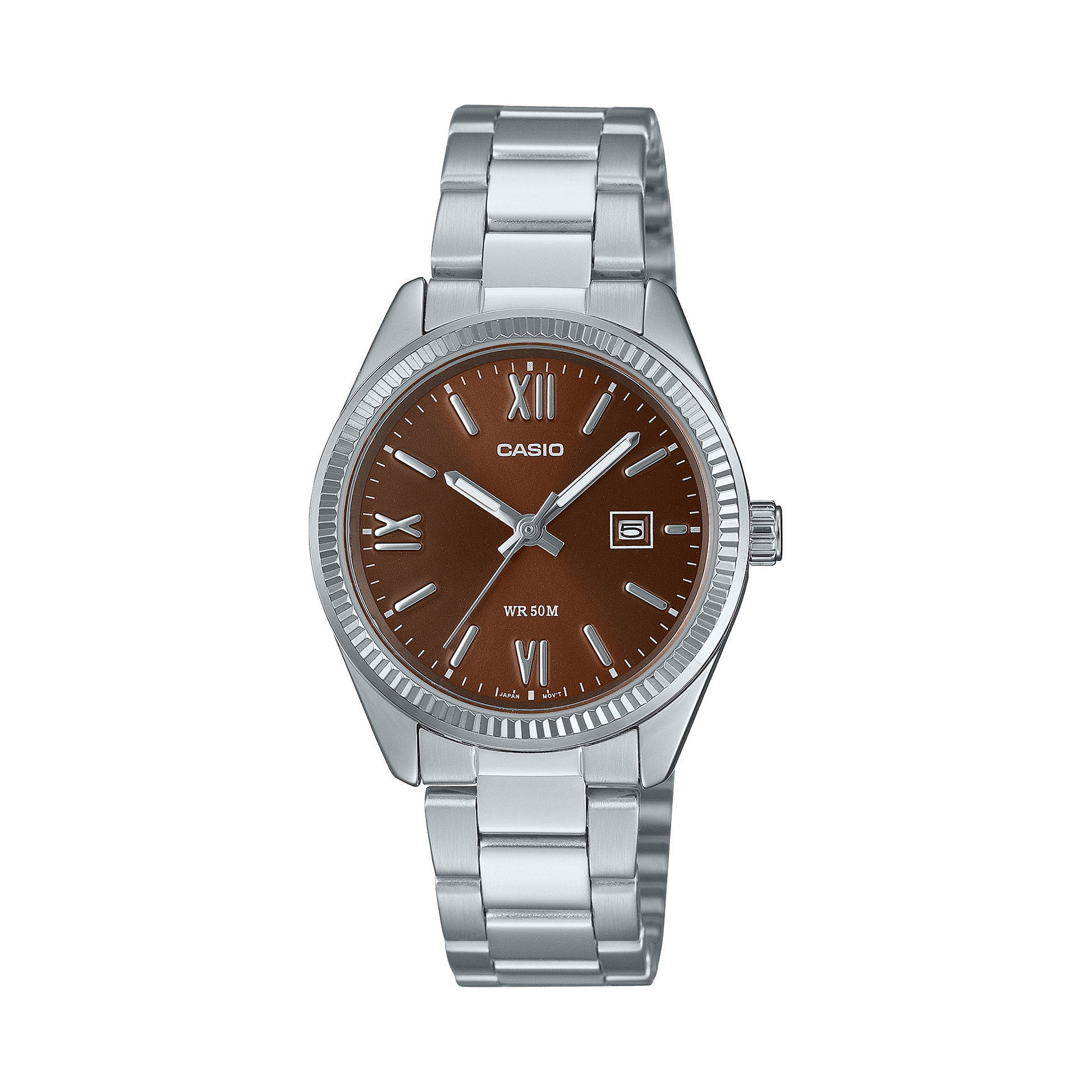 CASIO ENTICER LADIES LTP-1302DD-5AVDF BROWN ANALOG DIAL SILVER STAINLESS STEEL BAND A2362