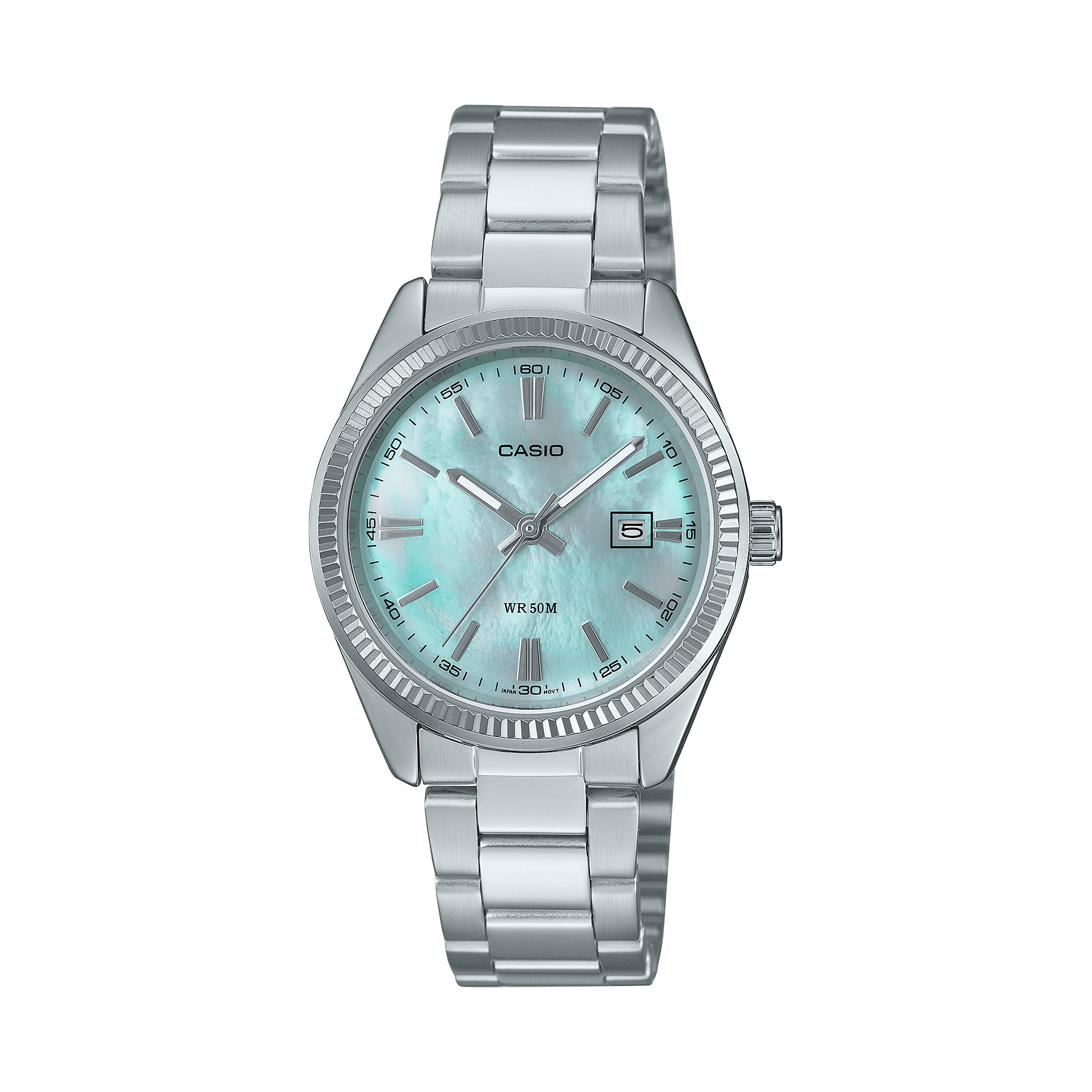 CASIO ENTICER LADIES LTP-1302DS-2AVDF BLUE ANALOG DIAL SILVER STAINLESS STEEL BAND A2363