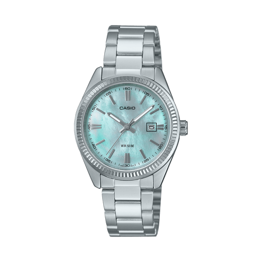 CASIO ENTICER LADIES LTP-1302DS-2AVDF BLUE ANALOG DIAL SILVER STAINLESS STEEL BAND A2363