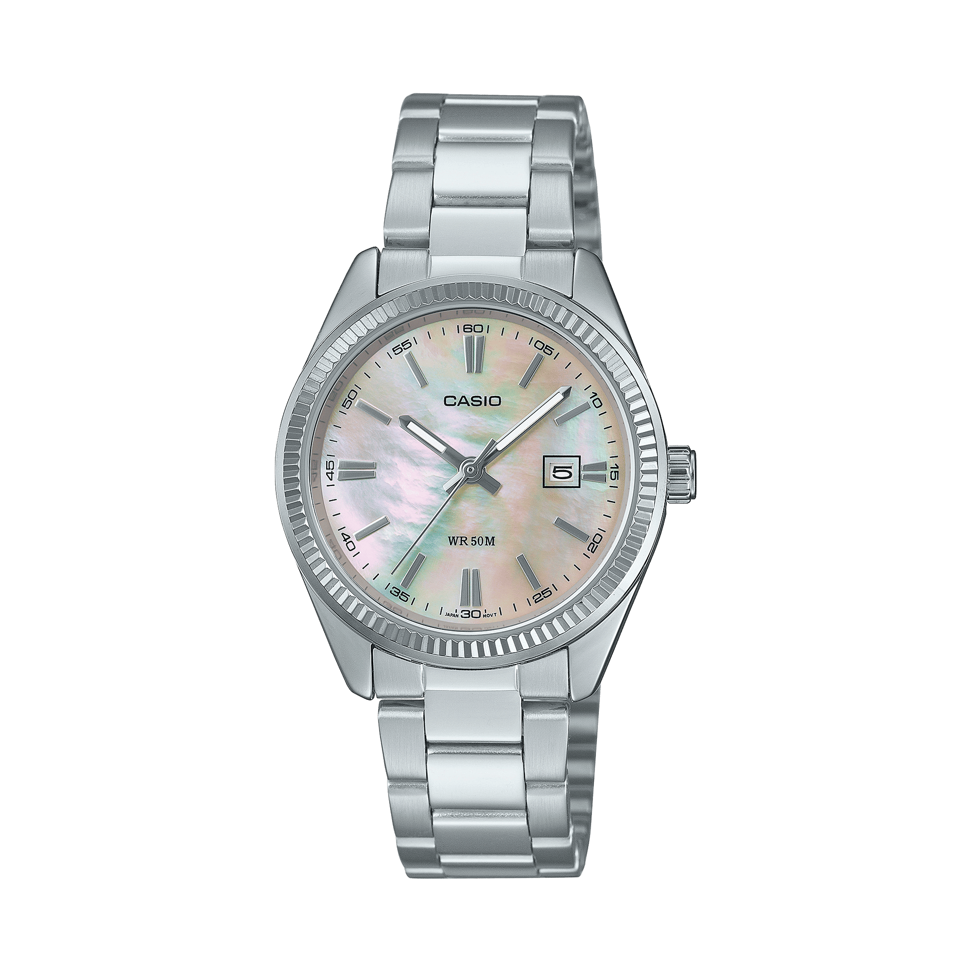 CASIO ENTICER LADIES LTP-1302DS-4AVDF WHITE ANALOG DIAL SILVER STAINLESS STEEL BAND A2364