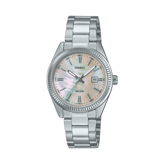 CASIO ENTICER LADIES LTP-1302DS-4AVDF WHITE ANALOG DIAL SILVER STAINLESS STEEL BAND A2364