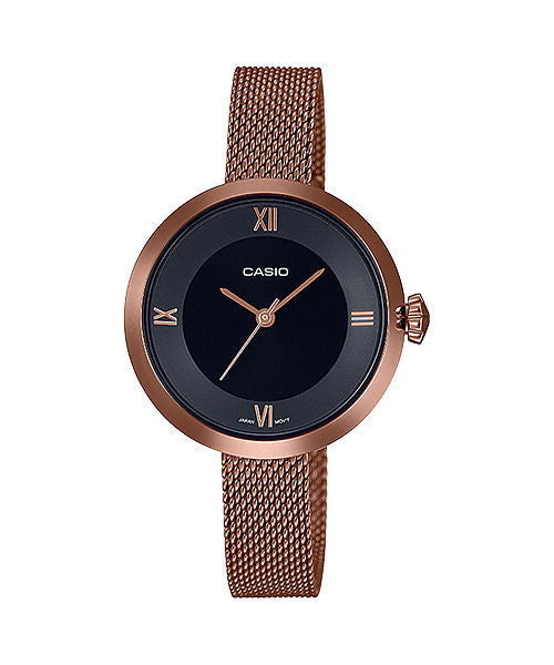 CASIO LTP-E154MR-1ADF BLACK ANALOG DIAL ROSE GOLD STAINLESS STEEL MESH BAND WOMEN'S WATCH A1853