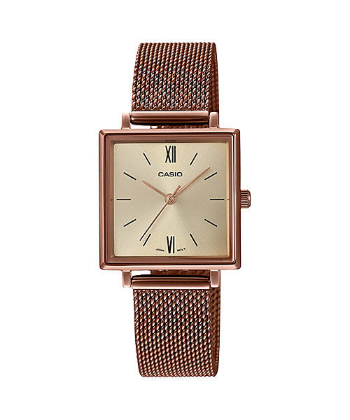 CASIO LTP-E155MR-9BDF ROSE GOLD IP ANALOG DIAL  STAINLESS STEEL MESH BAND WOMEN'S WATCH A1548