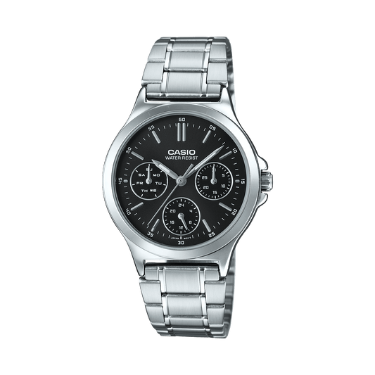 CASIO ENTICER LADIES LTP-V300D-1AUDF BLACK ANALOG DIAL SILVER STAINLESS STEEL  BAND A1146