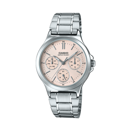 CASIO ENTICER LADIES LTP-V300D-4AUDF PINK ANALOG DIAL SILVER STAINLESS STEEL  BAND A1148