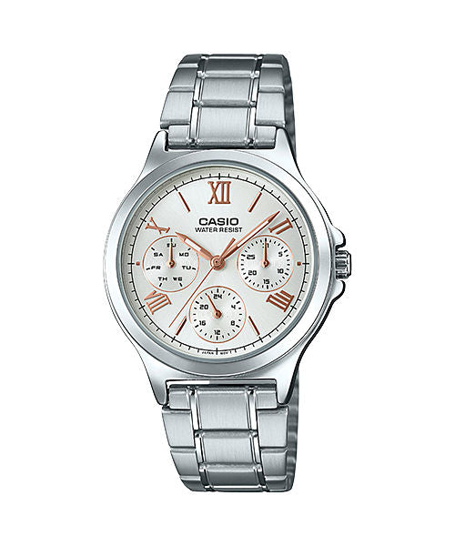 CASIO ENTICER LADIES LTP-V300D-7A2UDF WHITE ANALOG DIAL SILVER STAINLESS STEEL BAND A1697