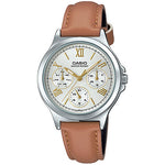 CASIO LTP-V300L-7A2UDF SILVER ANALOG DIAL BROWN LEATHER BAND WOMEN'S WATCH A1703