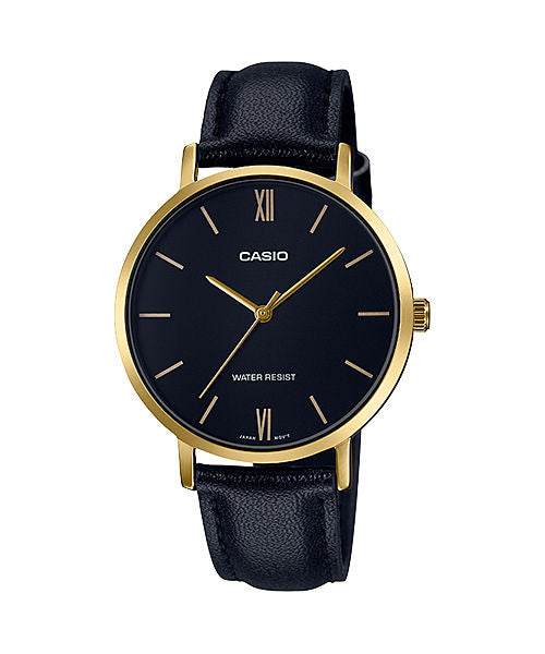 CASIO LTP-VT01GL-1BUDF GOLD IP BLACK ANALOG DIAL BLACK LEATHER BAND WOMEN'S WATCH A1785