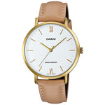 CASIO LTP-VT01GL-7BUDF GOLD IP WHITE ANALOG DIAL BROWN LEATHER BAND WOMEN'S WATCH A1786