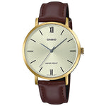 CASIO LTP-VT01GL-9BUDF GOLD IP WHITE ANALOG DIAL BROWN LEATHER BAND WOMEN'S WATCH A1787