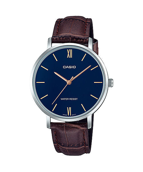 CASIO LTP-VT01L-2BUDF BLUE ANALOG DIAL BROWN LEATHER BAND WOMEN'S WATCH A1629