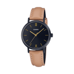 CASIO LTP-VT02BL-1AUDF BLACK IP BLACK ANALOG DIAL BROWN  LEATHER BAND WOMEN'S WATCH A2000