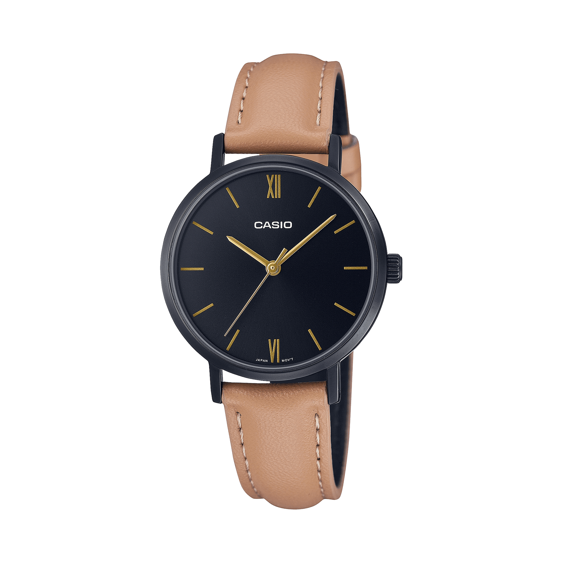 CASIO LTP-VT02BL-1AUDF BLACK IP BLACK ANALOG DIAL BROWN  LEATHER BAND WOMEN'S WATCH A2000