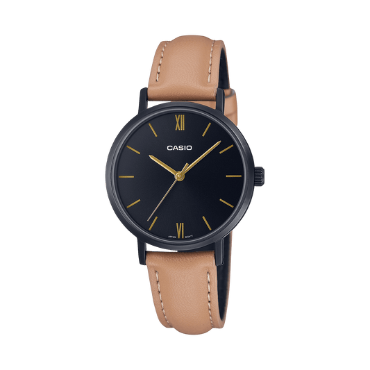 CASIO LTP-VT02BL-1AUDF BLACK IP BLACK ANALOG DIAL BROWN  LEATHER BAND WOMEN'S WATCH A2000