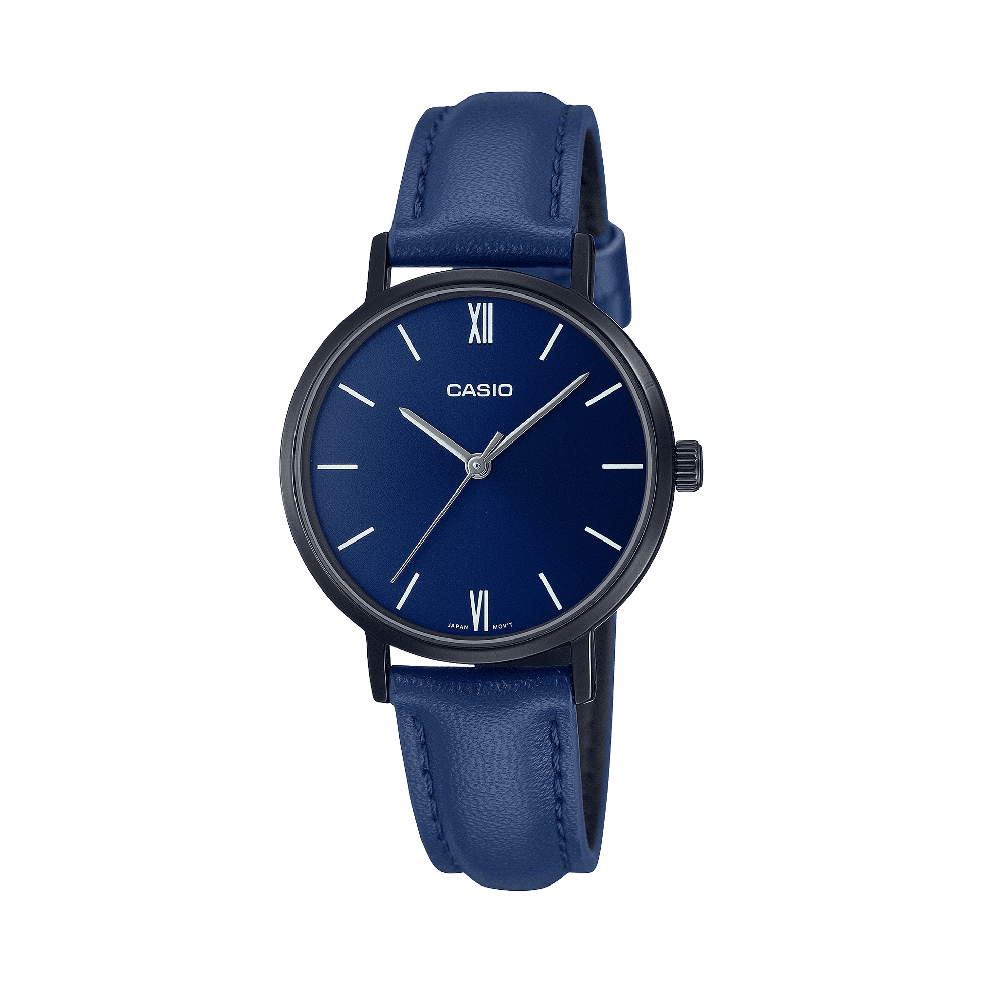 CASIO LTP-VT02BL-2AUDF BLACK IP BLUE ANALOG DIAL BLUE LEATHER BAND WOMEN'S WATCH A2001